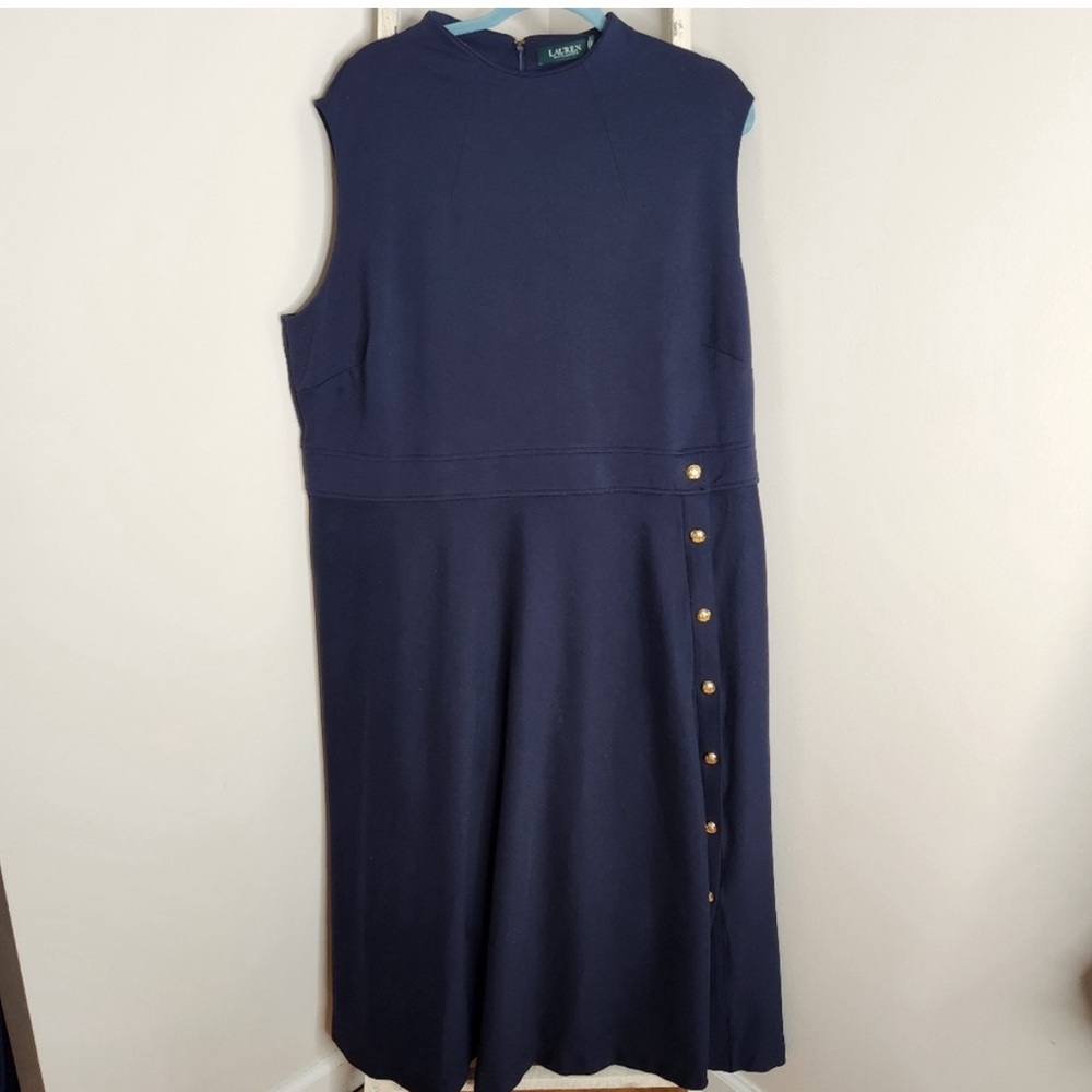 Lauren Ralph Lauren dress womens 3X navy sleeveless Button trim ponte midi